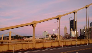 Pittsburgh skyline at sunset from the Roberto Clemente (aka Sixth Street) bridge.